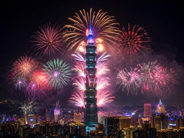 台北101のビル全体から鮮やかな花火が打ち上がる夜景