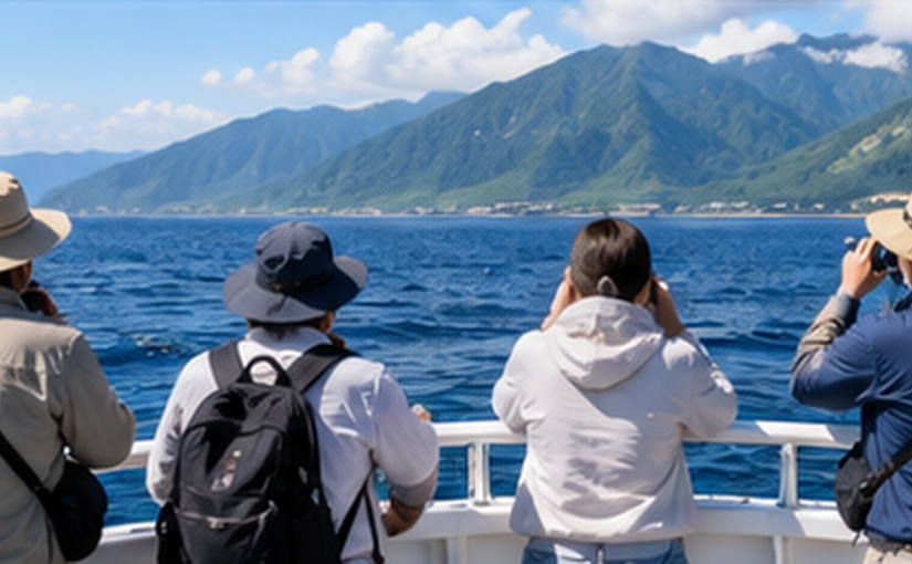 小型観光船のデッキから広い青い海を眺める観光客たちの後ろ姿。帽子・サングラス・薄手の上着の軽装で、手すりにつかまって沖を見ている。遠くに緑の山並みの海岸線。
