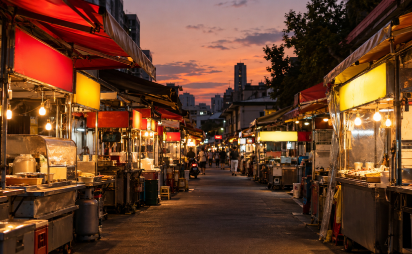 夕暮れどきに屋台の明かりがともり始めた台湾の夜市