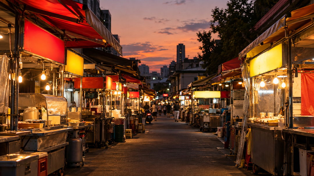 夕暮れどきに屋台の明かりがともり始めた台湾の夜市